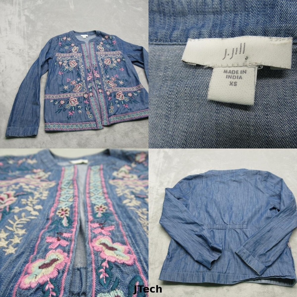 J. Jill Jacket Womens XS Blue Chambray Cotton Embroidered Floral Open Front Fall